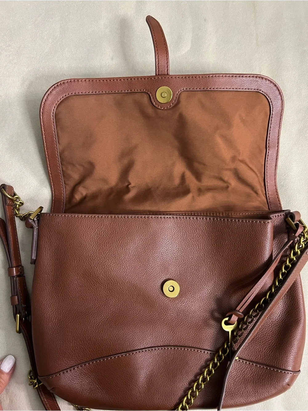 🤎 Fossil SHB2846 Cognac Leather Chain Shoulder Crossbody Bag Brass Key